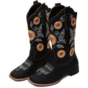Women Black Mid-Calf Cowgirl Western Boots Embroidered Sunflower Low Heel